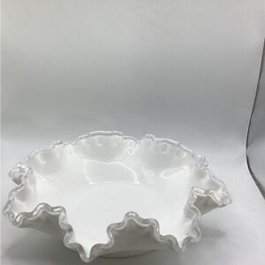 vintage Fenton White Ruffled Glass Decorative Bowl